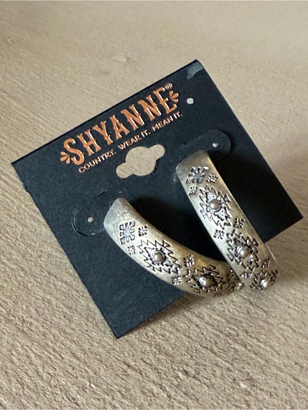 NWT Shyanne Antique Gold Aztec Engraved Hoop Earrings